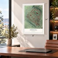 Arbor Hill, New York map, 18 x 24 inch print in a white frame in a home office