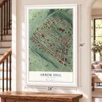 Arbor Hill, New York map, 24 x 36 inch print in a white frame by a staircase