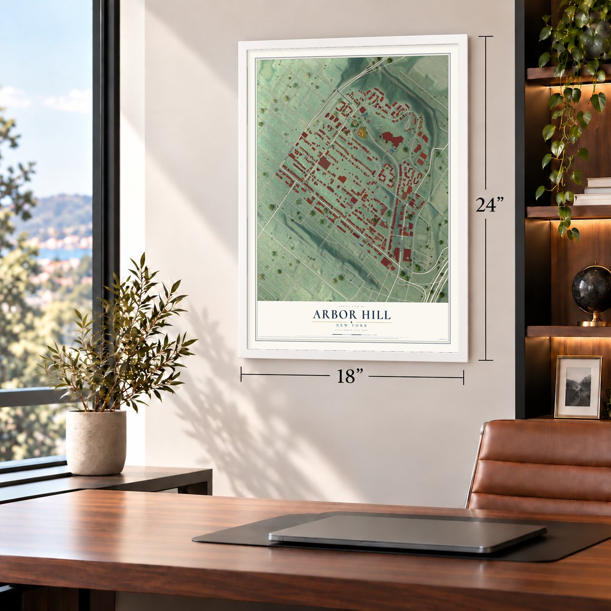 Arbor Hill, New York map, 18 x 24 inch print in a white frame in a home office