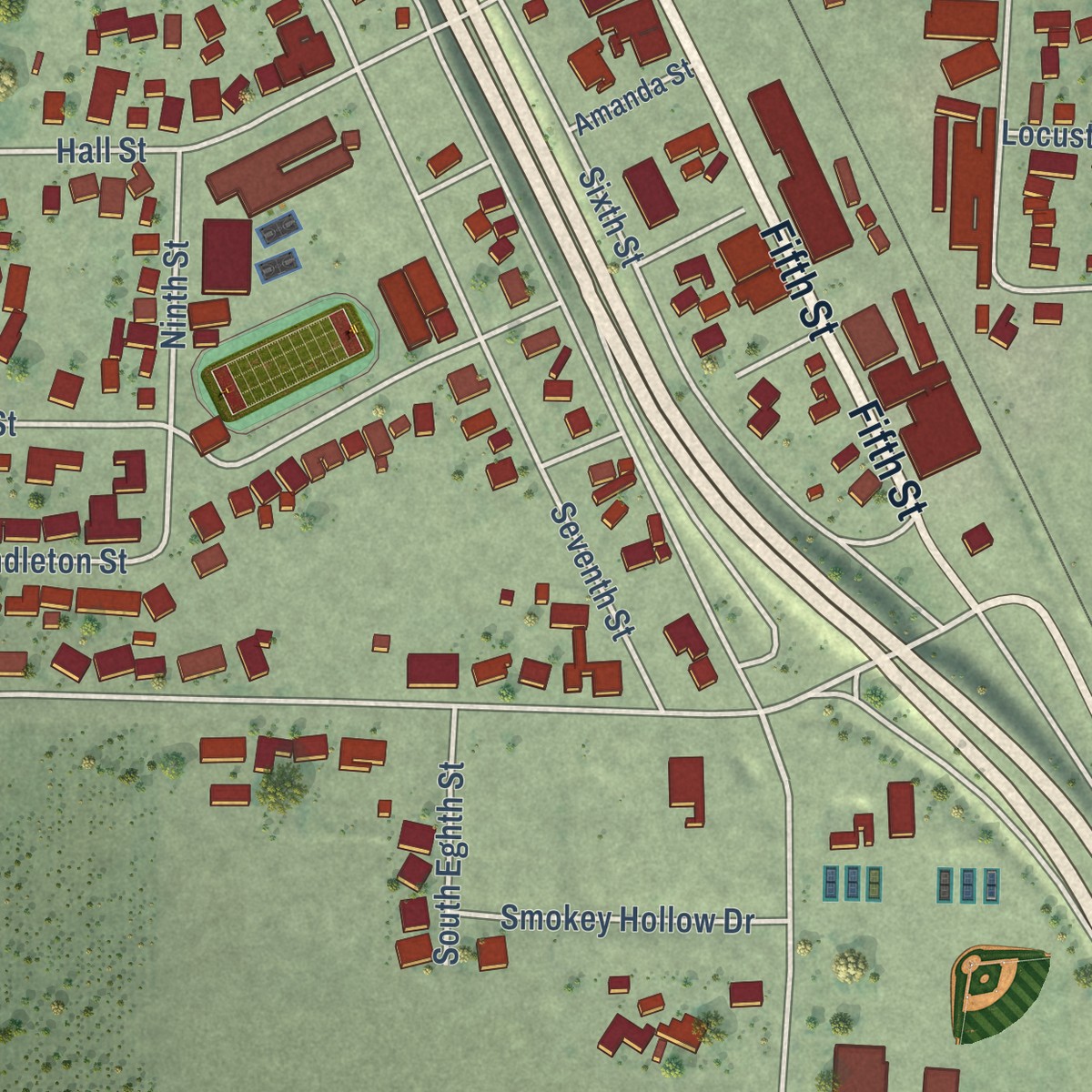 Second close-up of the map of Arbuckle, California print showing more streets and buildings