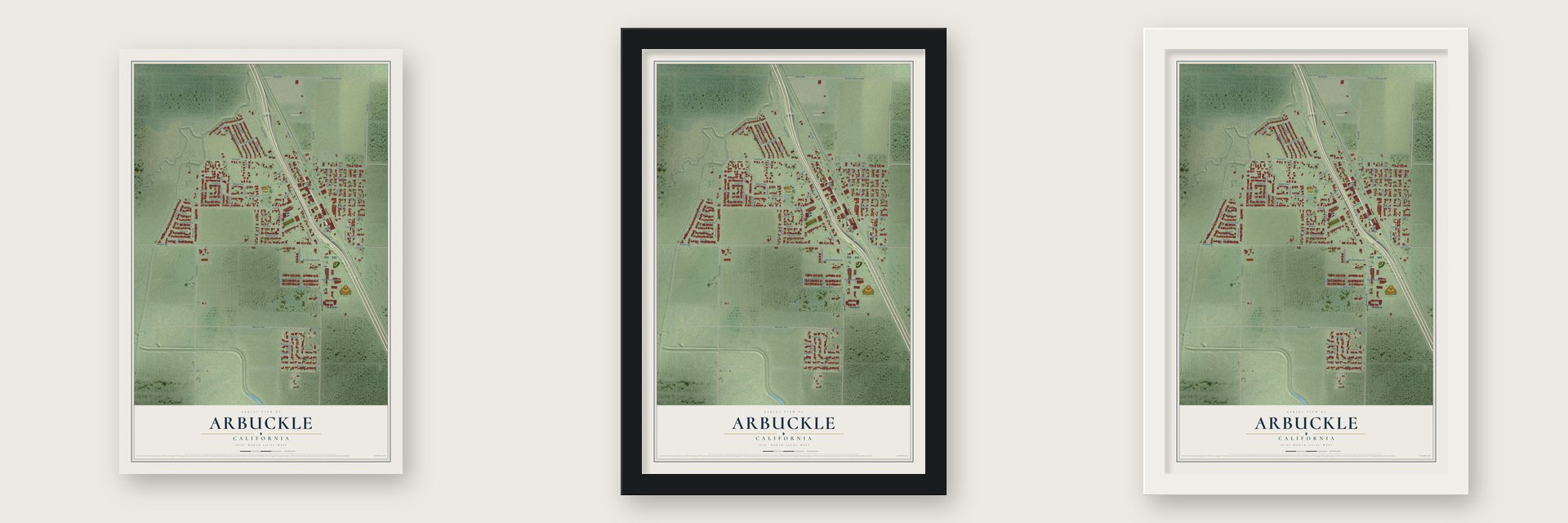 Arbuckle, California map unframed, in a black wood frame and in a white wood frame