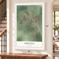 Arbuckle, California map, 24 x 36 inch print in a white frame by a staircase
