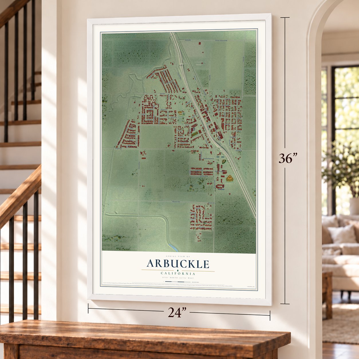 Arbuckle, California map, 24 x 36 inch print in a white frame by a staircase