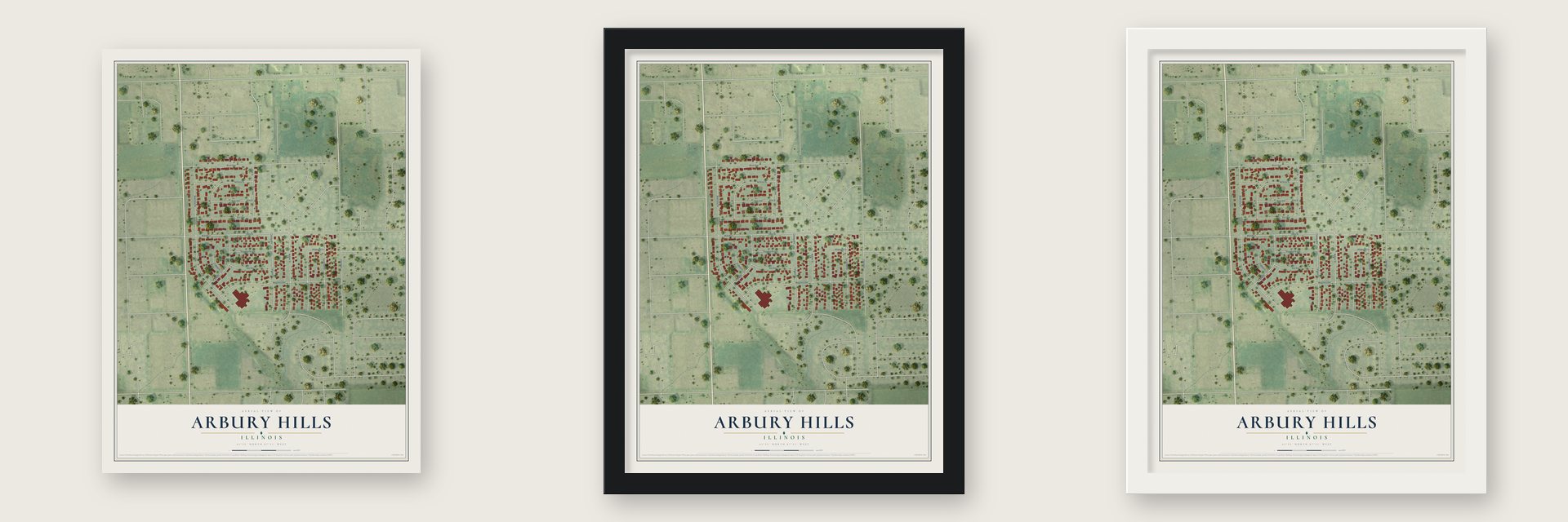 Arbury Hills, Illinois map unframed, in a black wood frame and in a white wood frame