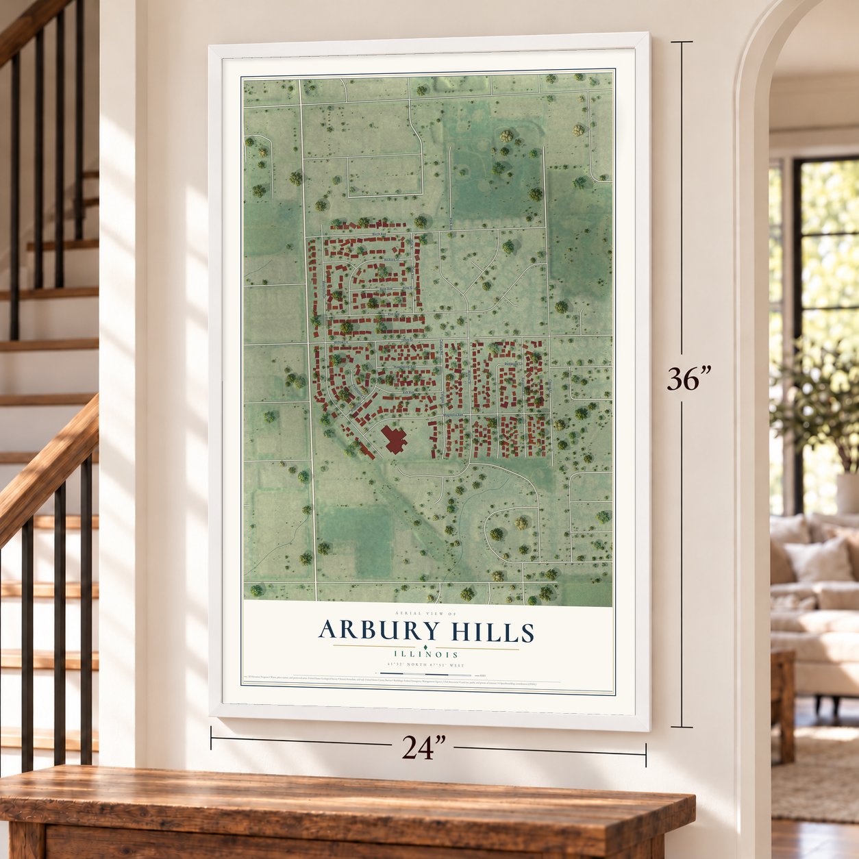 Arbury Hills, Illinois map, 24 x 36 inch print in a white frame by a staircase