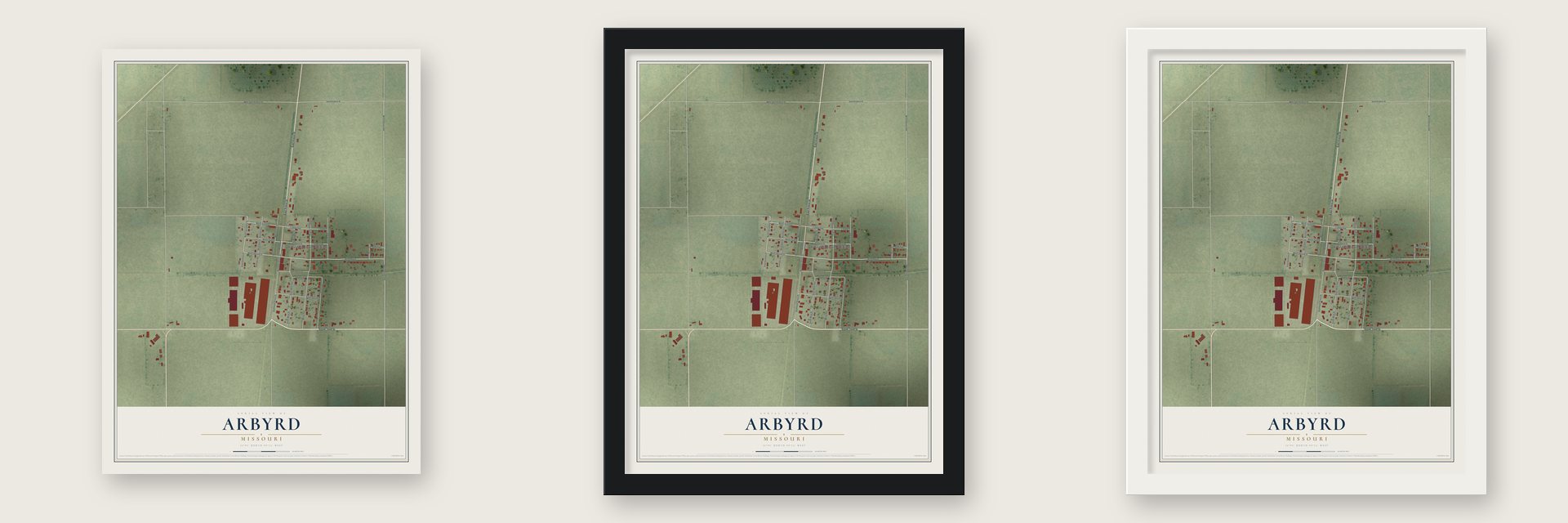 Arbyrd, Missouri map unframed, in a black wood frame and in a white wood frame
