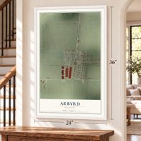 Arbyrd, Missouri map, 24 x 36 inch print in a white frame by a staircase