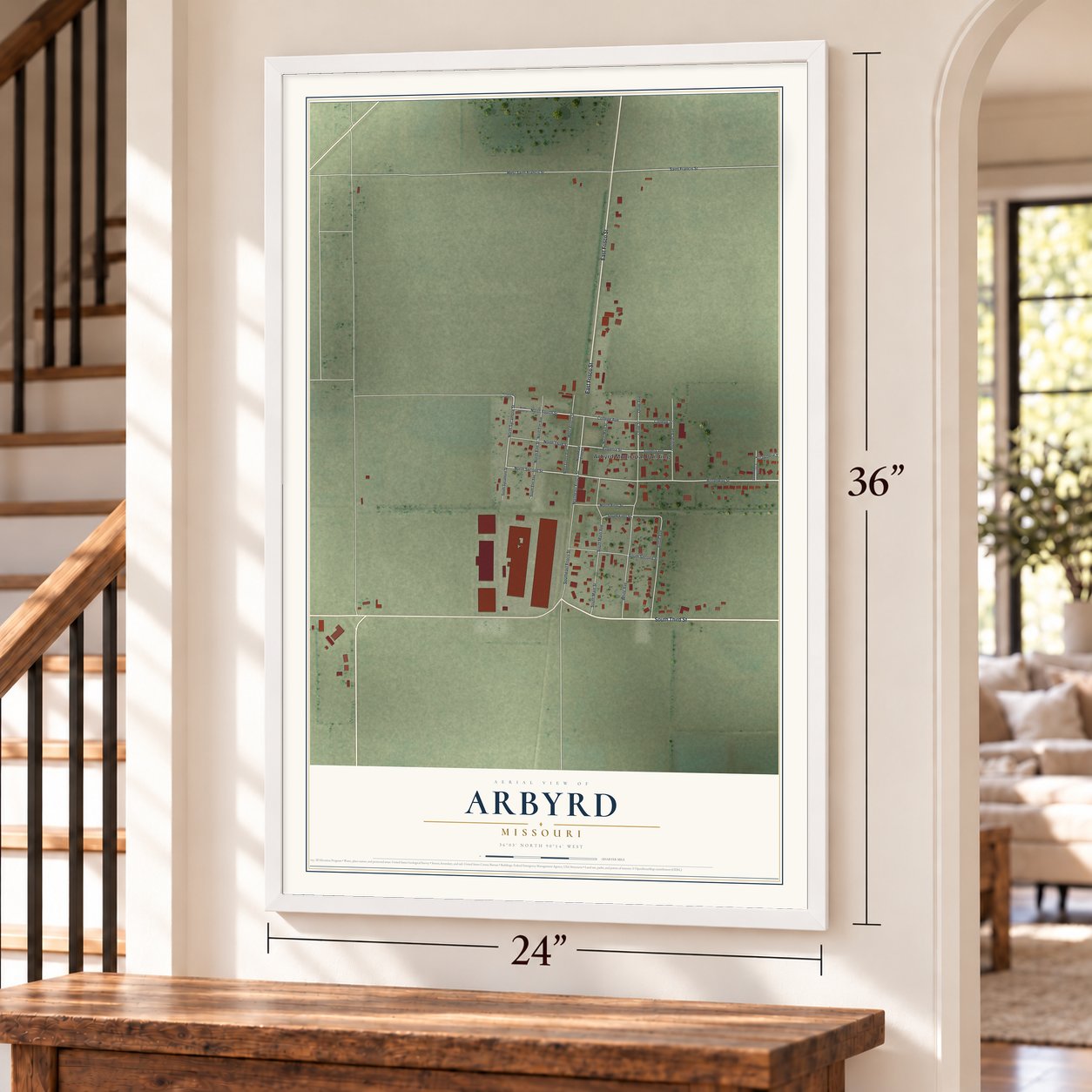 Arbyrd, Missouri map, 24 x 36 inch print in a white frame by a staircase
