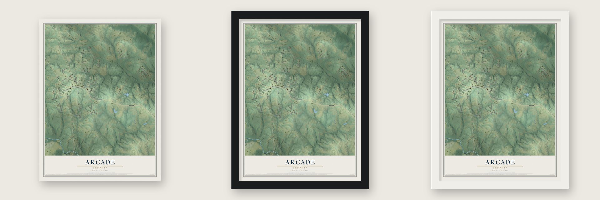 Arcade, Georgia map unframed, in a black wood frame and in a white wood frame