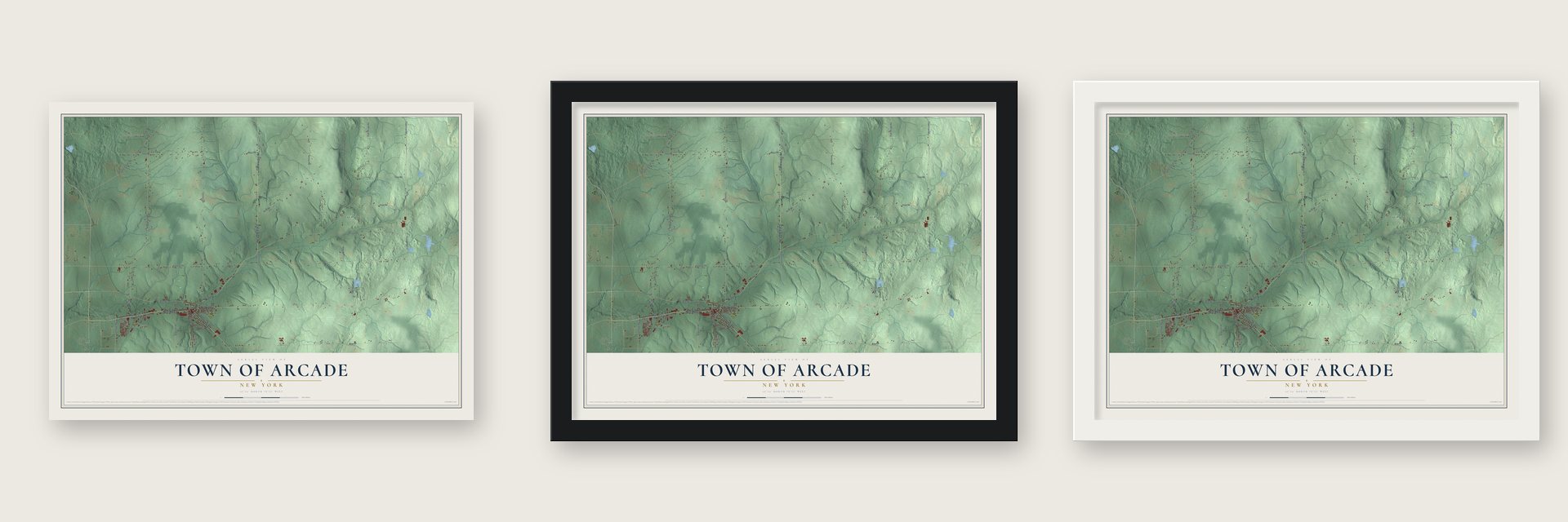 Town of Arcade, New York map unframed, in a black wood frame and in a white wood frame