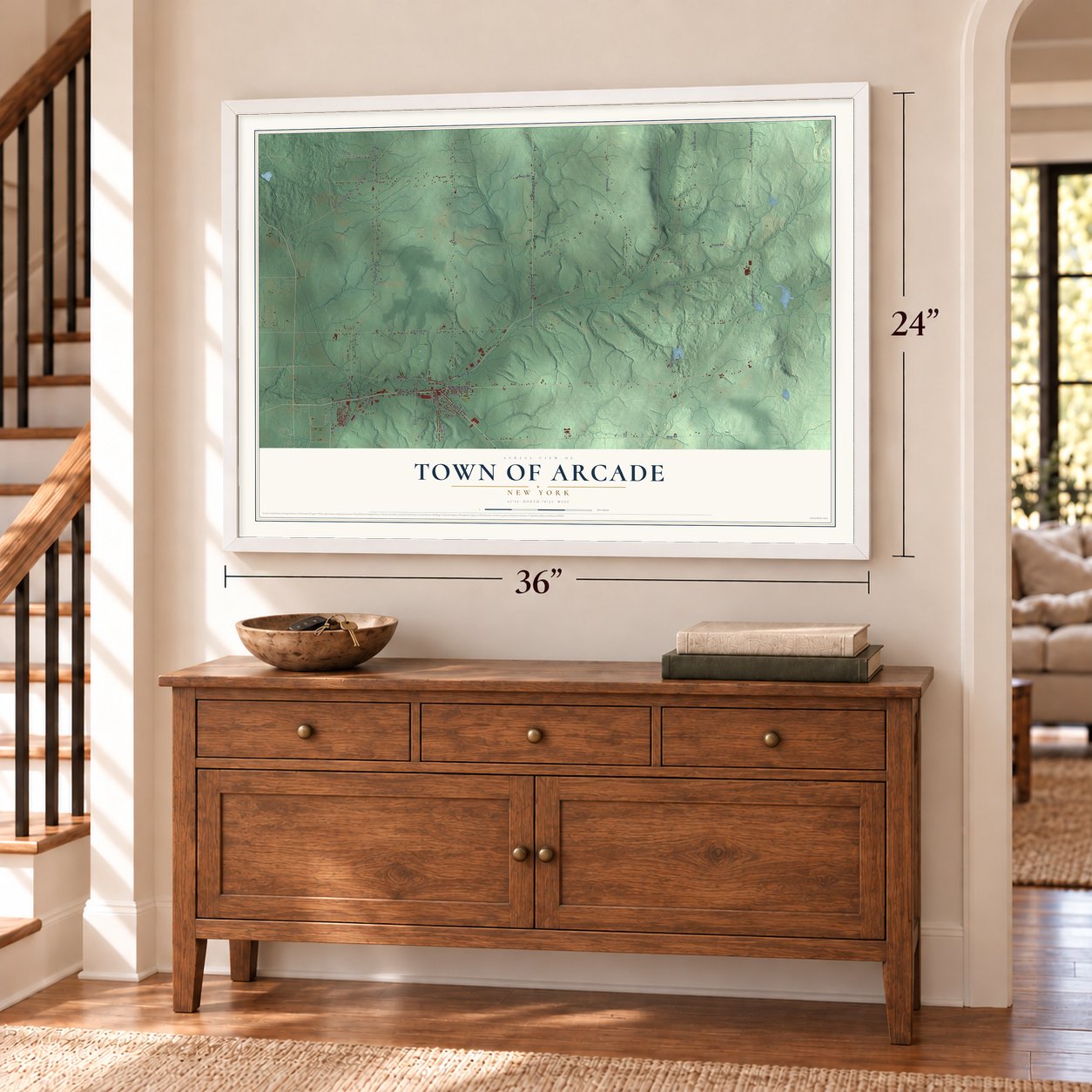 Town of Arcade, New York map, 24 x 36 inch print in a white frame above a dresser by a staircase