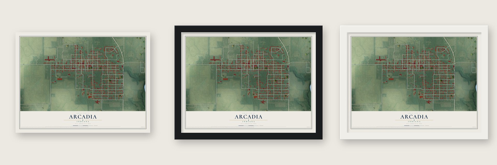 Arcadia, Indiana map unframed, in a black wood frame and in a white wood frame