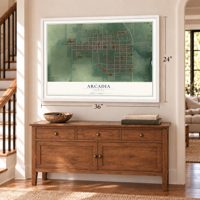 Arcadia, Indiana map, 24 x 36 inch print in a white frame above a dresser by a staircase
