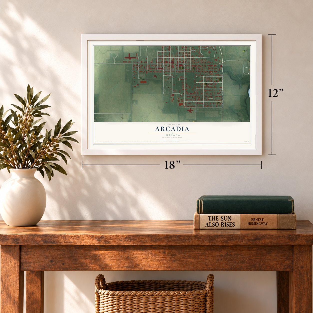 Arcadia, Indiana map, 12 x 18 inch print in a white frame in an entryway