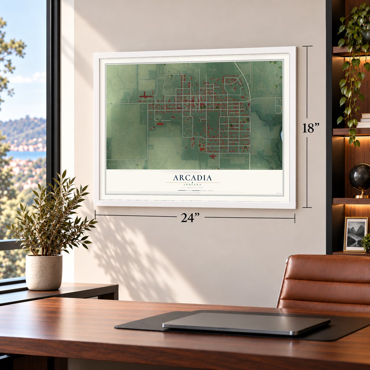 Arcadia, Indiana map, 18 x 24 inch print in a white frame in a home office