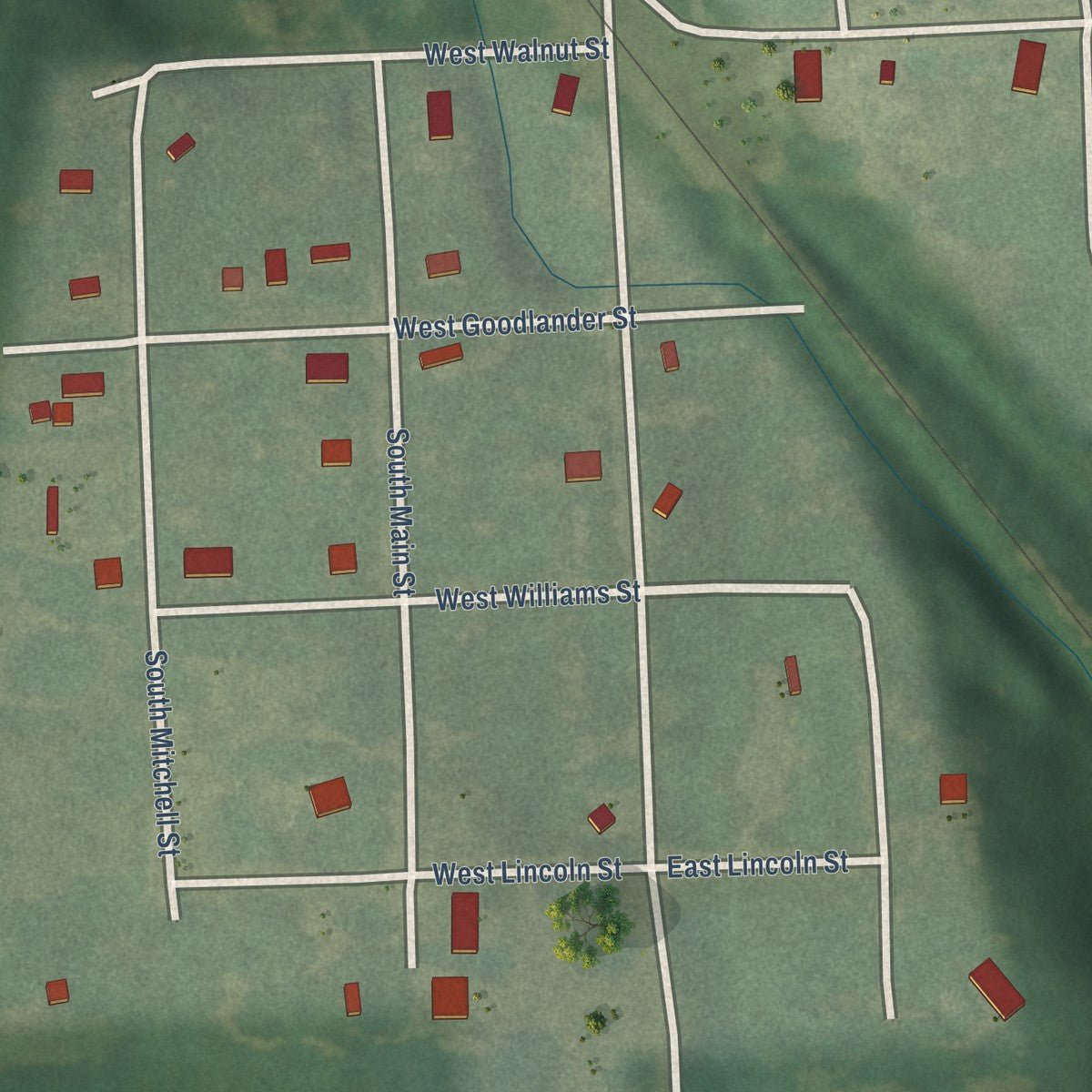 Second close-up of the map of Arcadia, Kansas print showing more streets and buildings