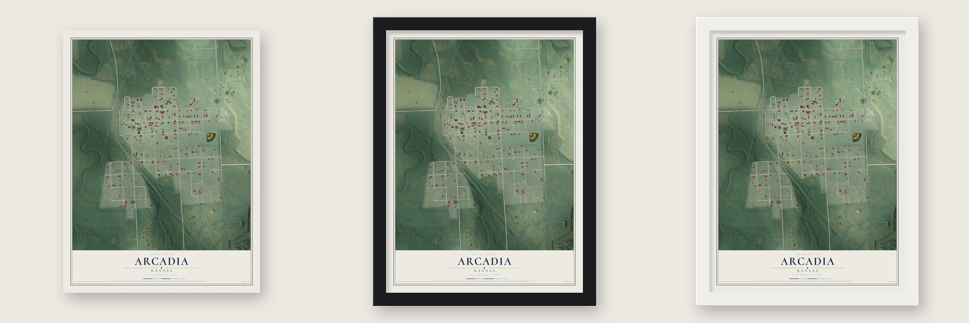 Arcadia, Kansas map unframed, in a black wood frame and in a white wood frame