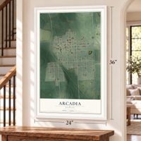Arcadia, Kansas map, 24 x 36 inch print in a white frame by a staircase