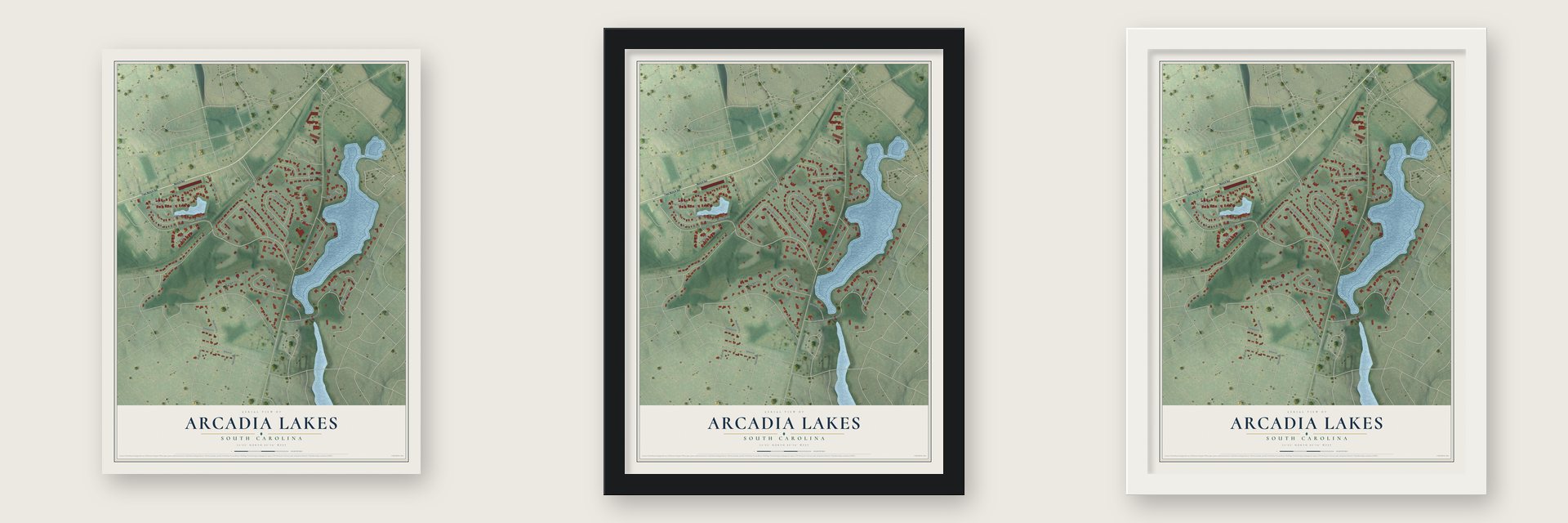 Arcadia Lakes, South Carolina map unframed, in a black wood frame and in a white wood frame