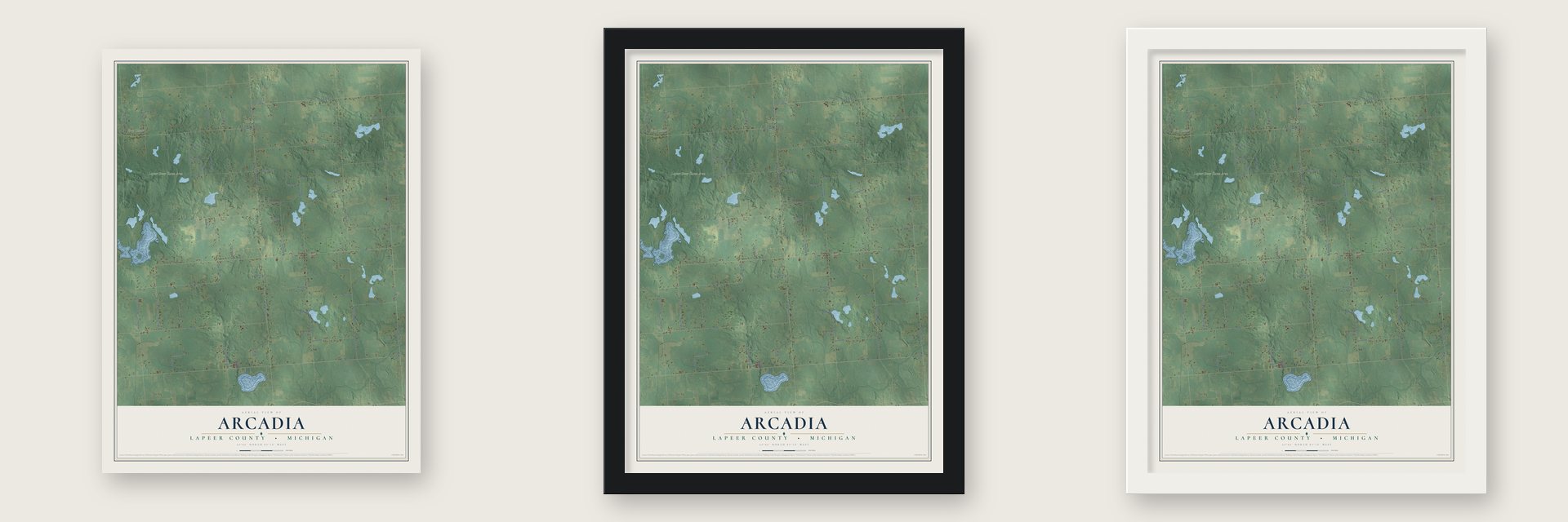 Arcadia, Lapeer County, Michigan map unframed, in a black wood frame and in a white wood frame