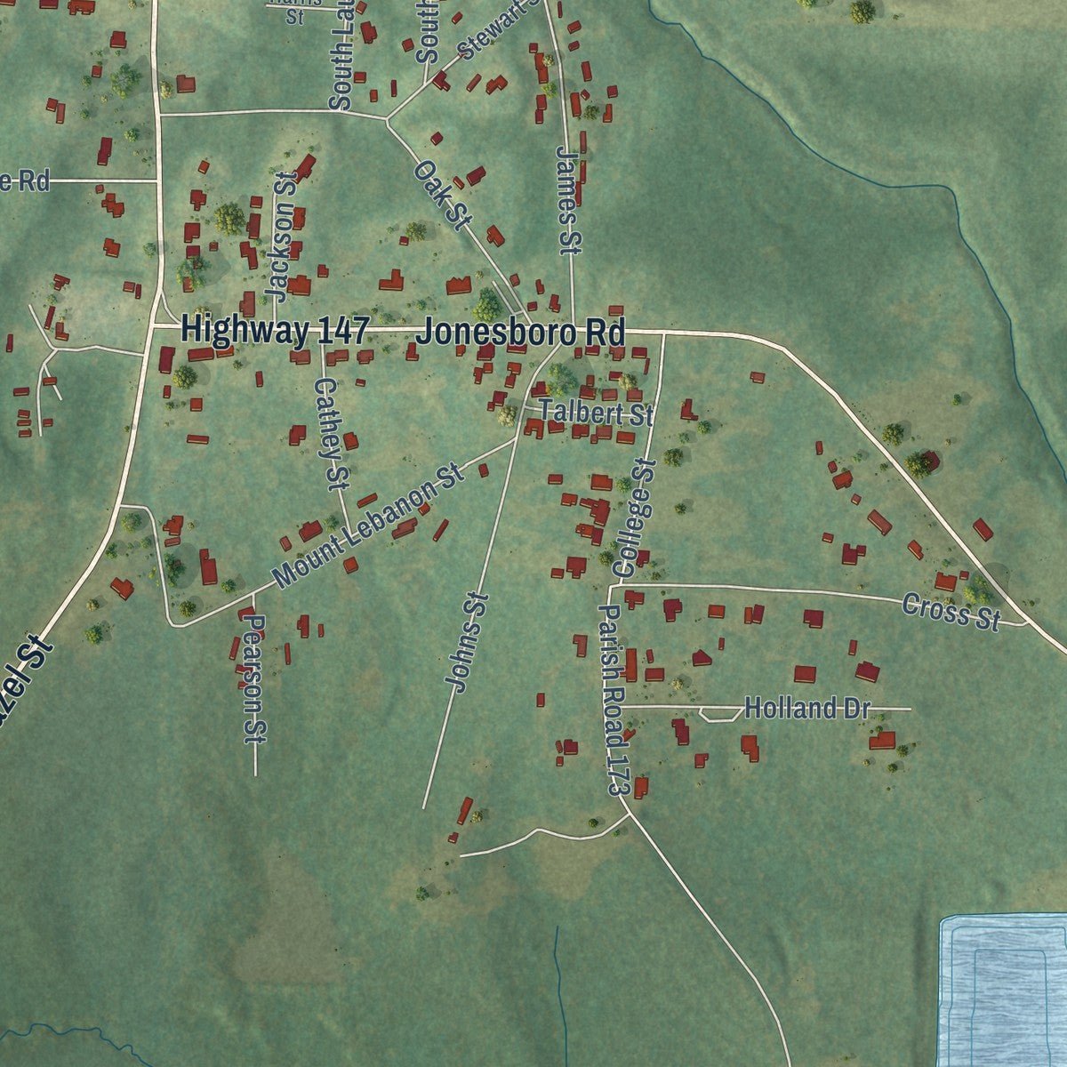 Second close-up of the map of Arcadia, Louisiana print showing more streets and buildings