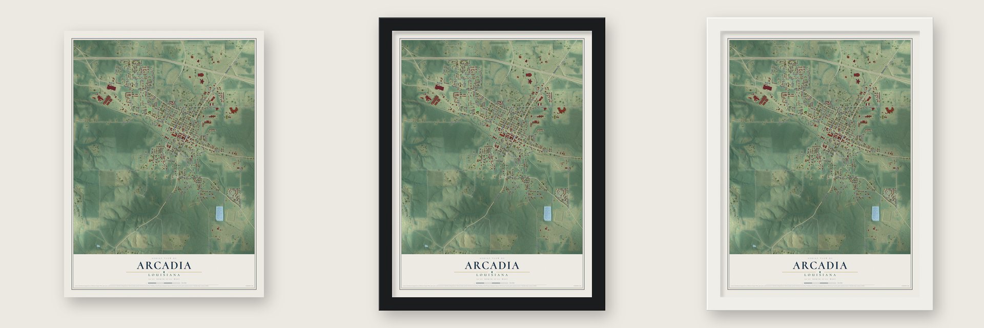 Arcadia, Louisiana map unframed, in a black wood frame and in a white wood frame