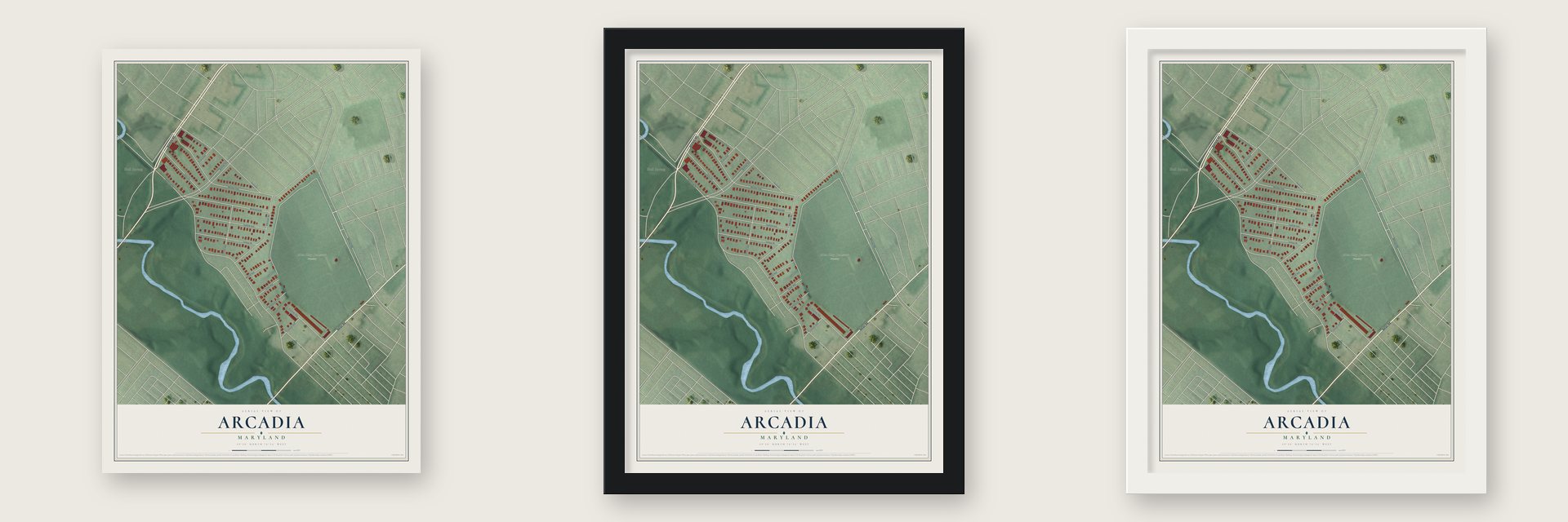 Arcadia, Maryland map unframed, in a black wood frame and in a white wood frame
