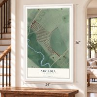 Arcadia, Maryland map, 24 x 36 inch print in a white frame by a staircase