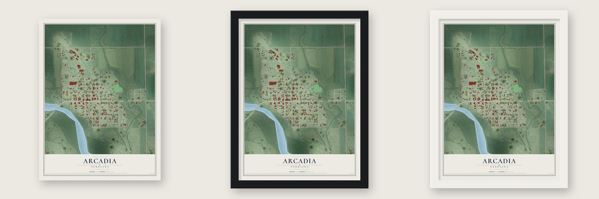 Arcadia, Nebraska map unframed, in a black wood frame and in a white wood frame