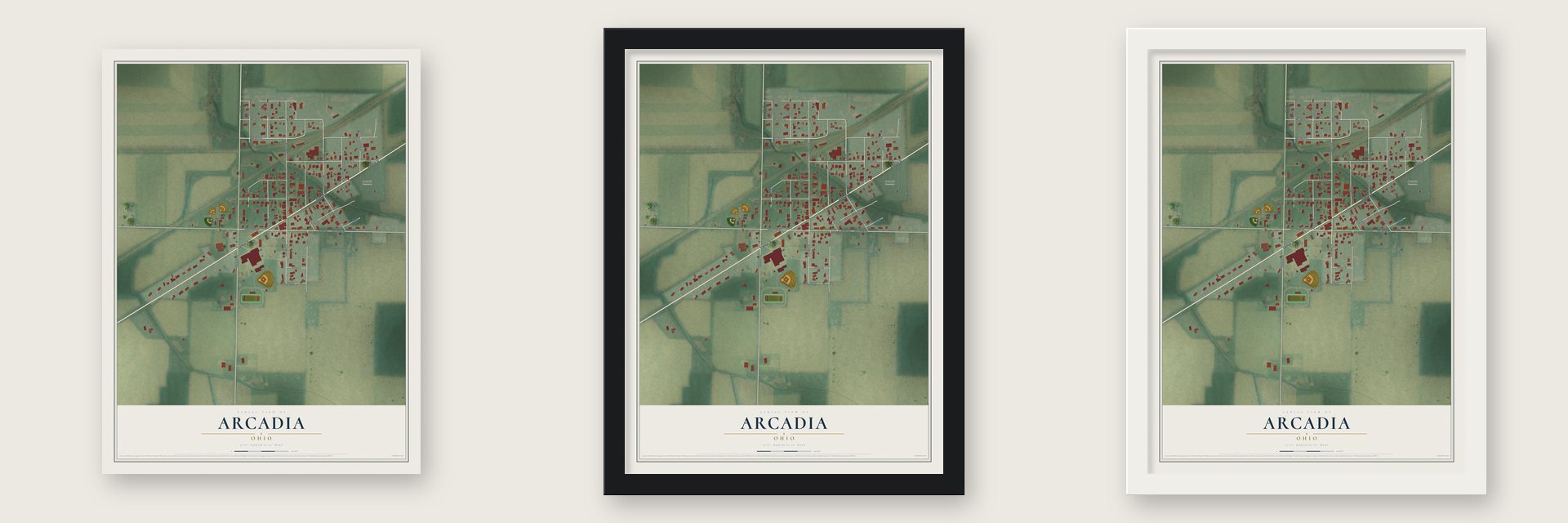 Arcadia, Ohio map unframed, in a black wood frame and in a white wood frame