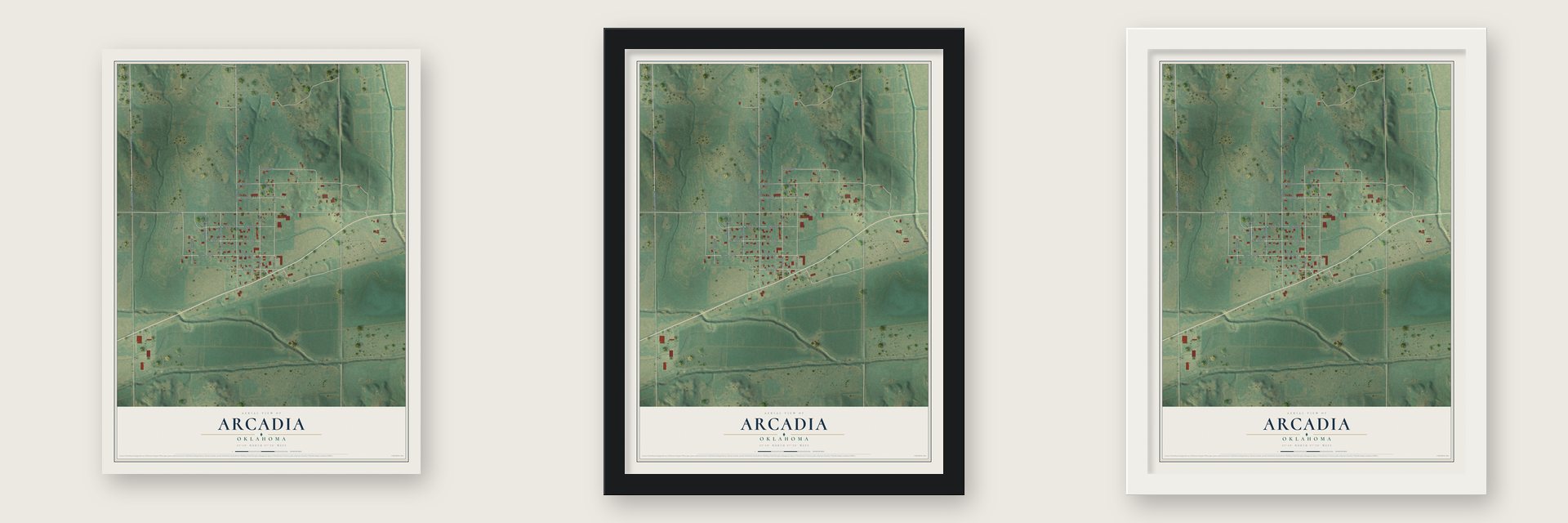 Arcadia, Oklahoma map unframed, in a black wood frame and in a white wood frame