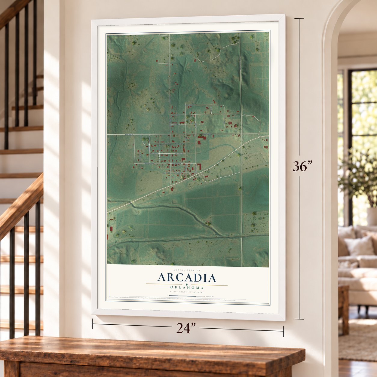 Arcadia, Oklahoma map, 24 x 36 inch print in a white frame by a staircase