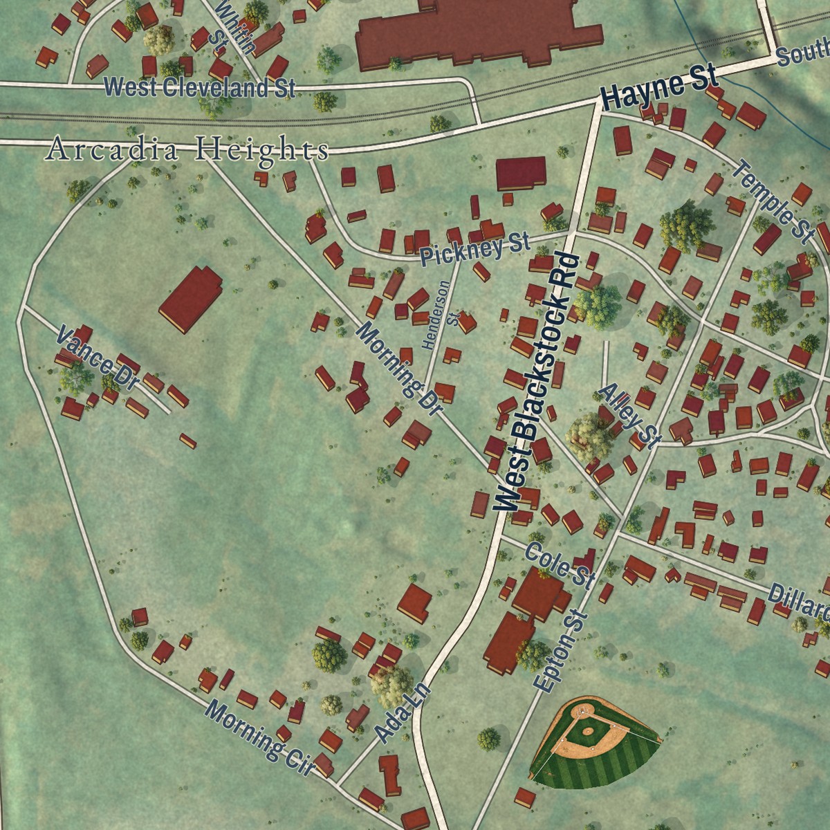 Second close-up of the map of Arcadia, South Carolina print showing more streets and buildings