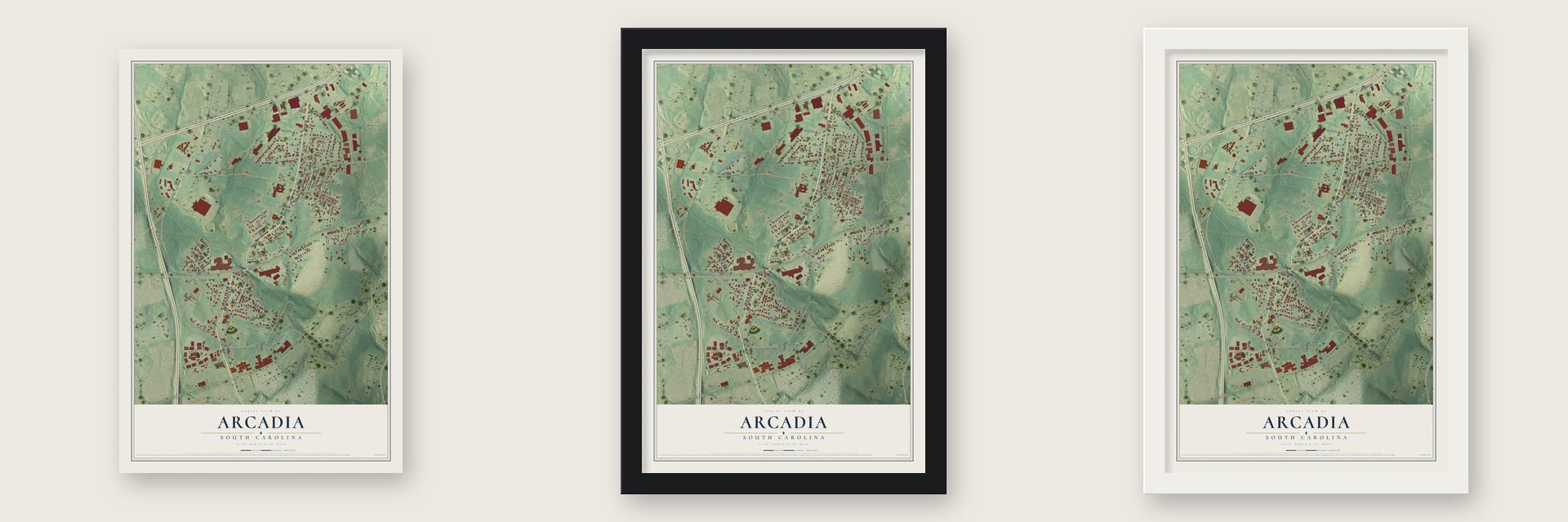 Arcadia, South Carolina map unframed, in a black wood frame and in a white wood frame