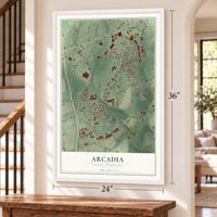 Arcadia, South Carolina map, 24 x 36 inch print in a white frame by a staircase