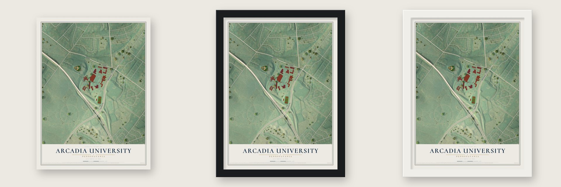 Arcadia University, Pennsylvania map unframed, in a black wood frame and in a white wood frame