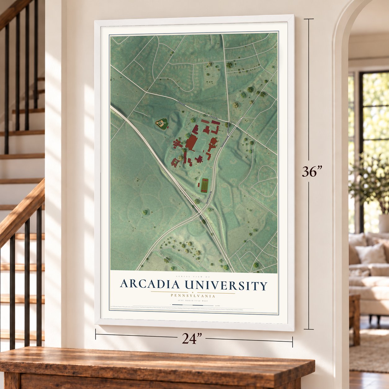 Arcadia University, Pennsylvania map, 24 x 36 inch print in a white frame by a staircase