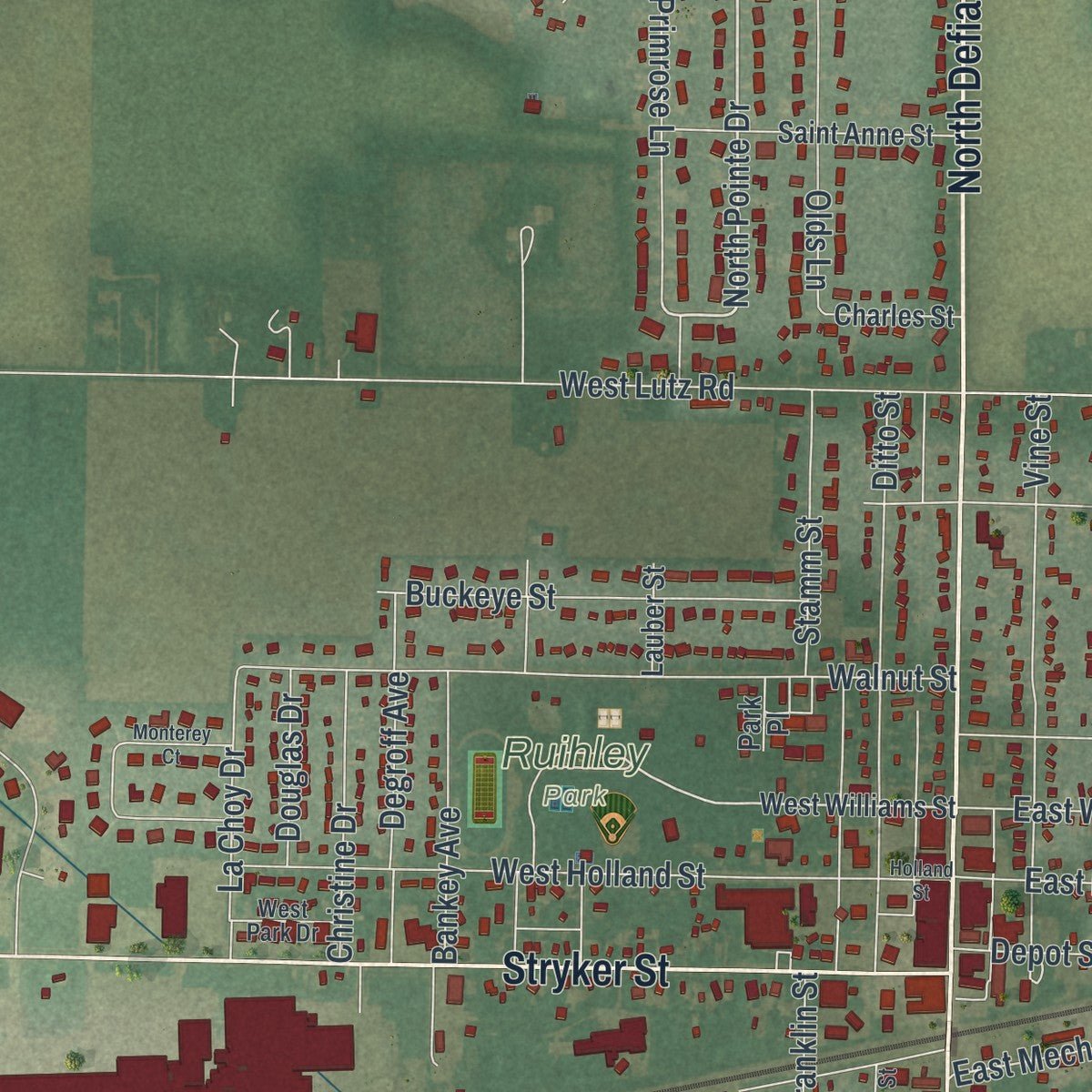 Second close-up of the map of Archbold, Ohio print showing more streets and buildings