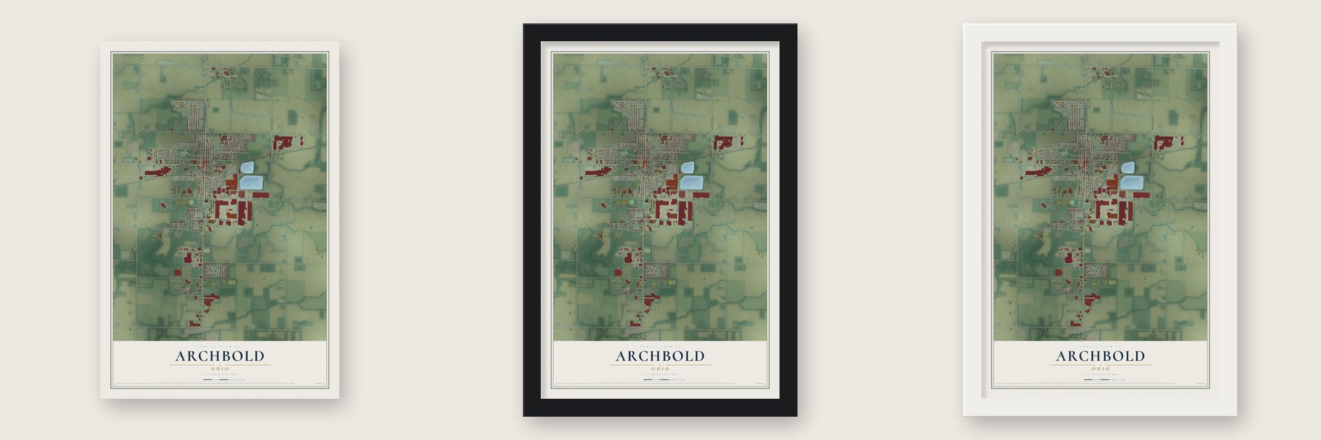 Archbold, Ohio map unframed, in a black wood frame and in a white wood frame