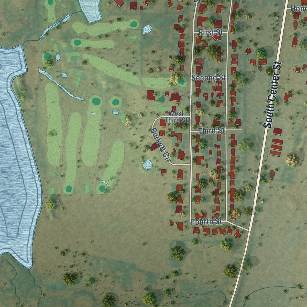 Second close-up of the map of Archer City, Texas print showing more streets and buildings