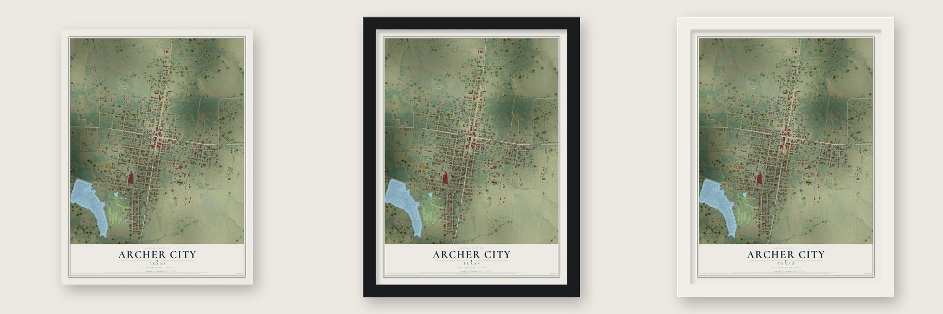 Archer City, Texas map unframed, in a black wood frame and in a white wood frame