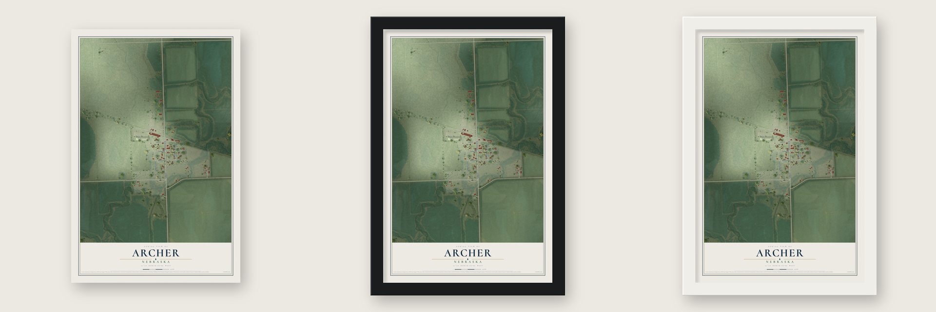 Archer, Nebraska map unframed, in a black wood frame and in a white wood frame