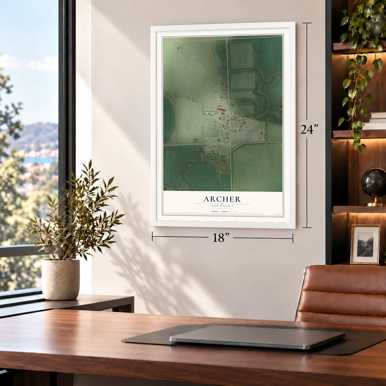 Archer, Nebraska map, 18 x 24 inch print in a white frame in a home office