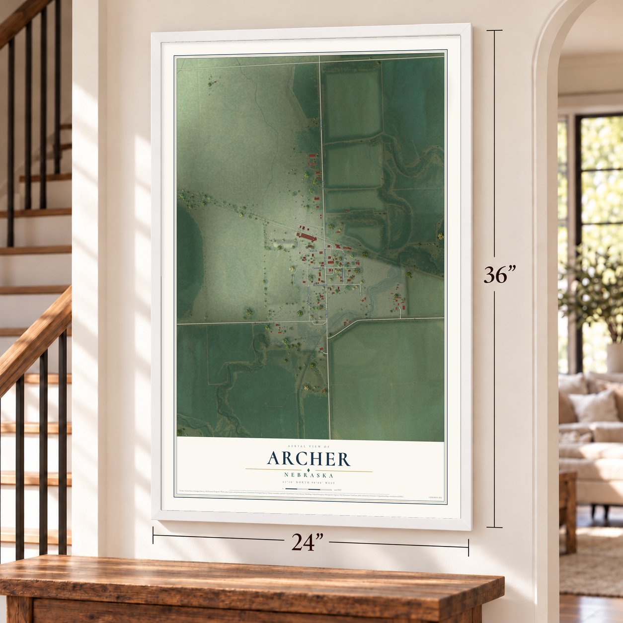 Archer, Nebraska map, 24 x 36 inch print in a white frame by a staircase