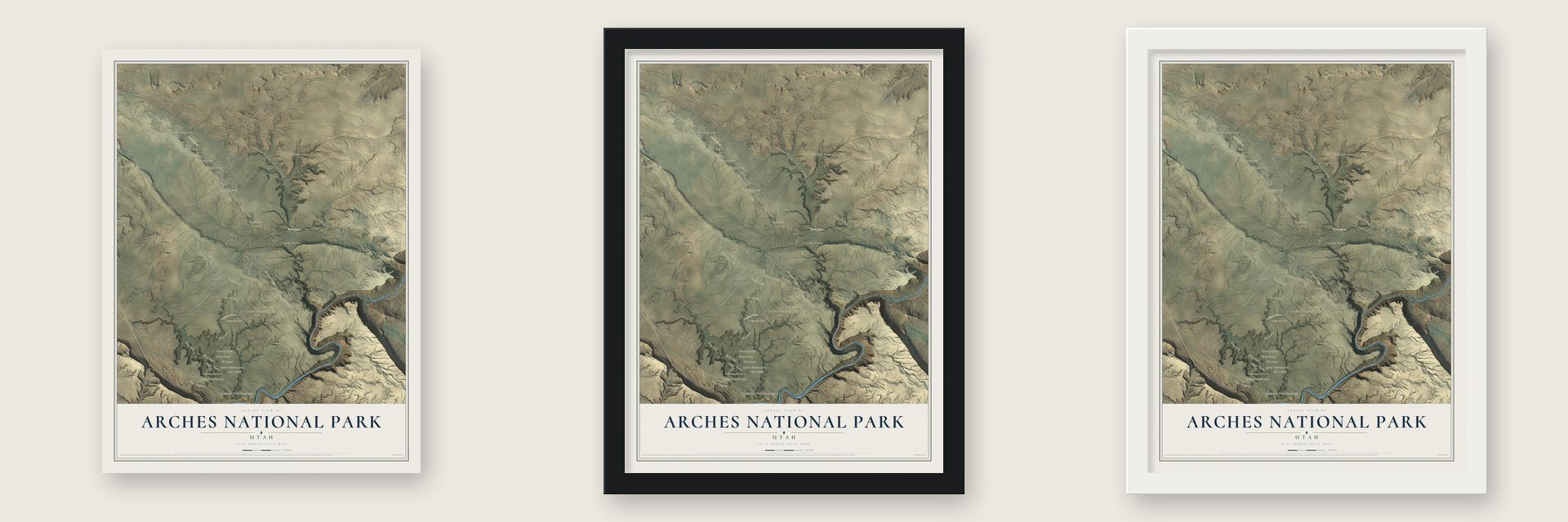 Arches National Park, Utah map unframed, in a black wood frame and in a white wood frame