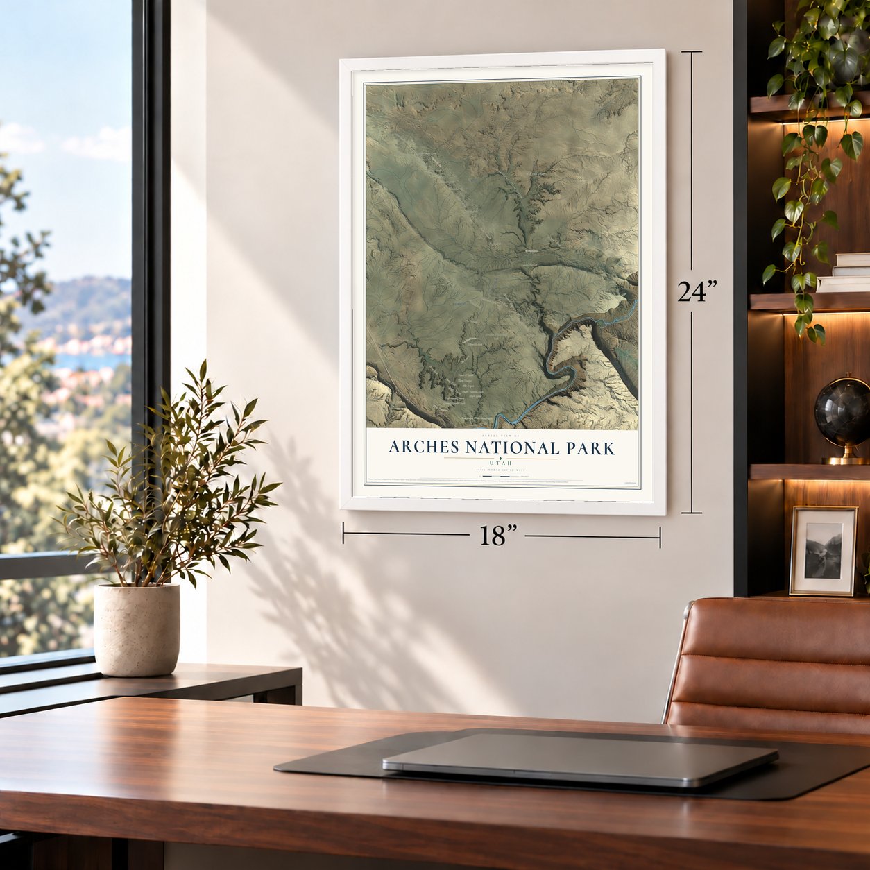 Arches National Park, Utah map, 18 x 24 inch print in a white frame in a home office