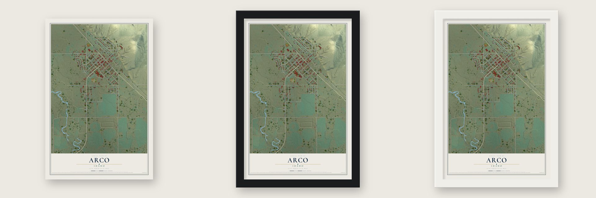 Arco, Idaho map unframed, in a black wood frame and in a white wood frame