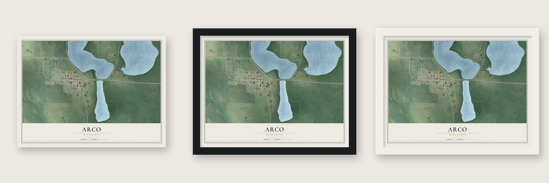 Arco, Minnesota map unframed, in a black wood frame and in a white wood frame