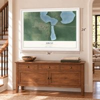 Arco, Minnesota map, 24 x 36 inch print in a white frame above a dresser by a staircase