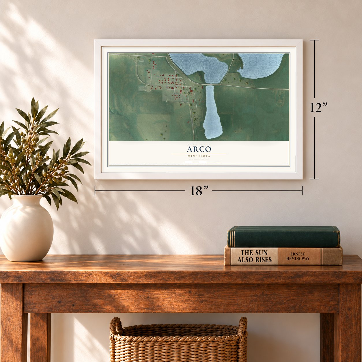 Arco, Minnesota map, 12 x 18 inch print in a white frame in an entryway